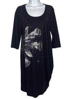 MC Planet by Innate Black Flash Dress Asymmetric Draped Abstract Floral
